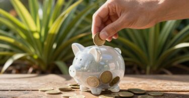 Saving money in Australia with coins and piggy bank.