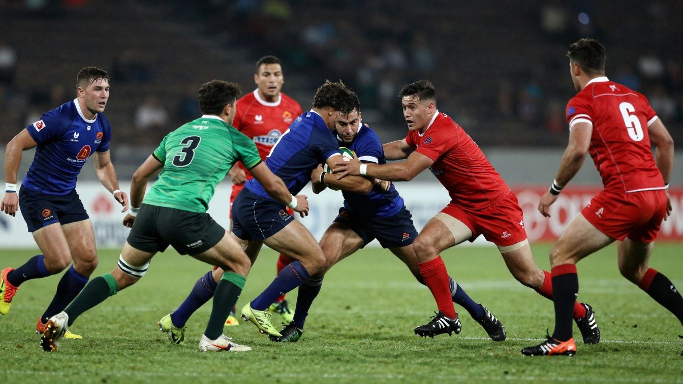 Rugby players in action on a field.