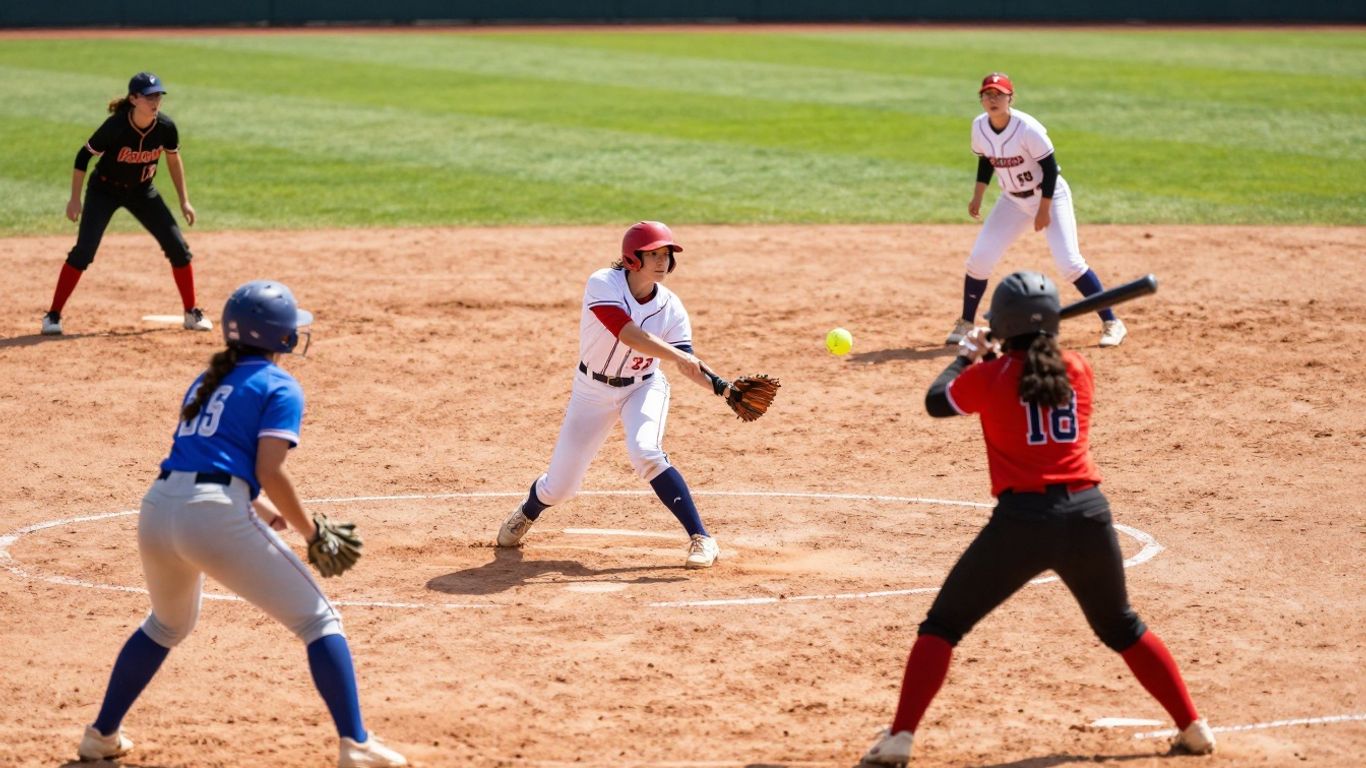 Softball players in action on a sunny field.