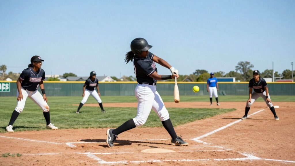 Softball players in action on a sunny field.