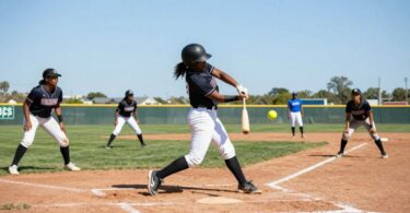 Softball players in action on a sunny field.