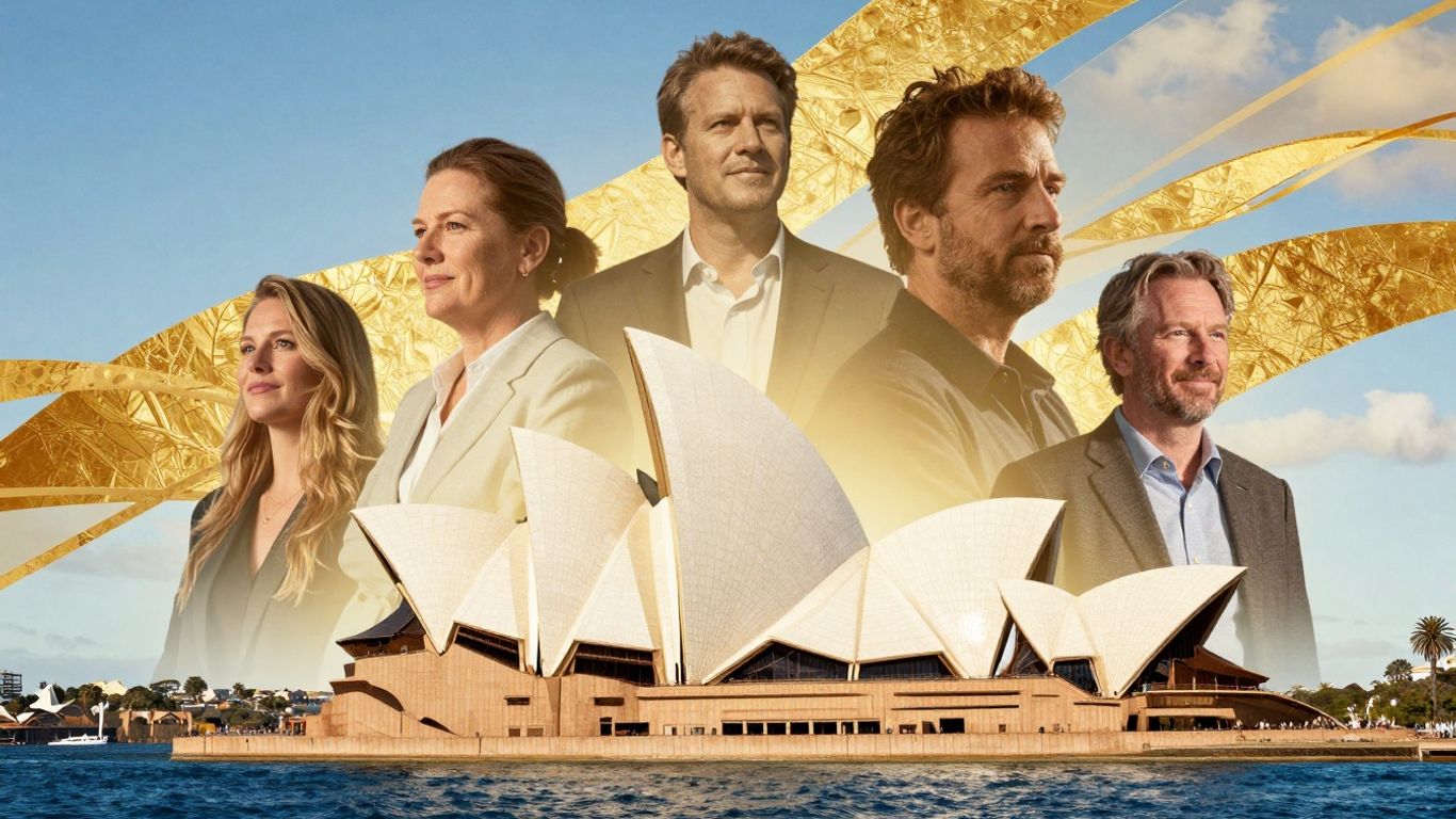 Australian landmarks and golden elements, hinting at wealth.