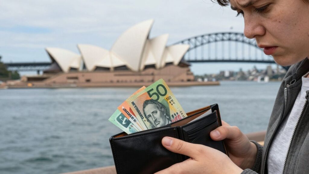 Australian person worried about money near landmarks.
