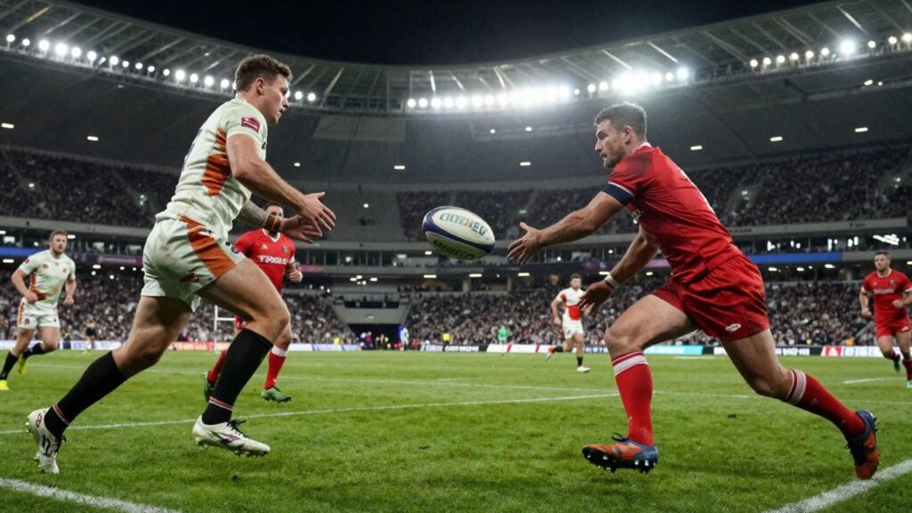 Rugby players in action on a green pitch.