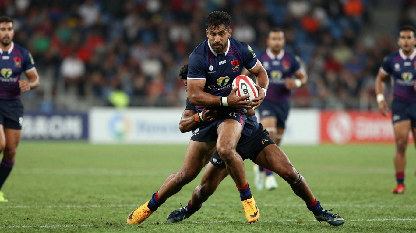 Rugby league players in a fierce tackle on a grass field.