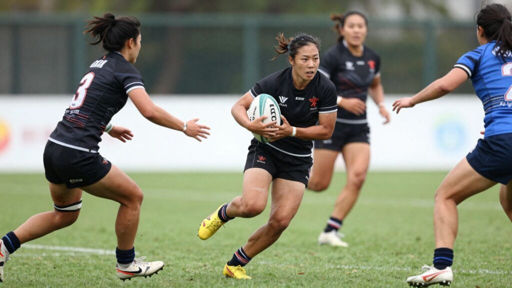 Rugby league players in action on a green field.