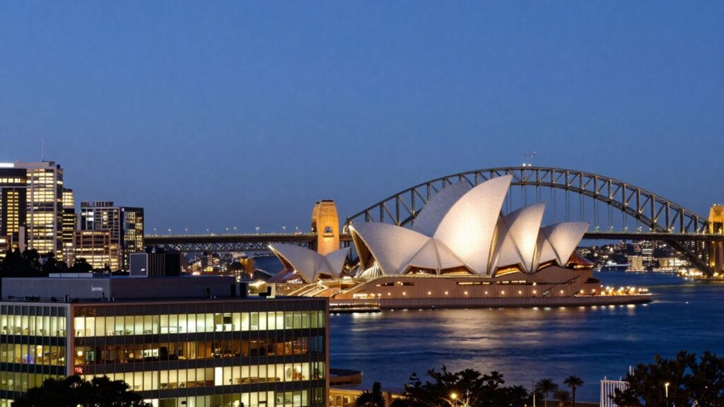 Sydney skyline with Salesforce building at dusk.