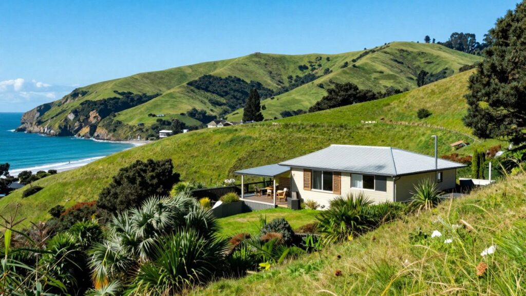 New Zealand landscape with hills, coast, and house.
