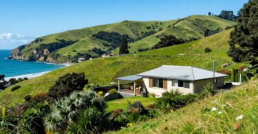 New Zealand landscape with hills, coast, and house.