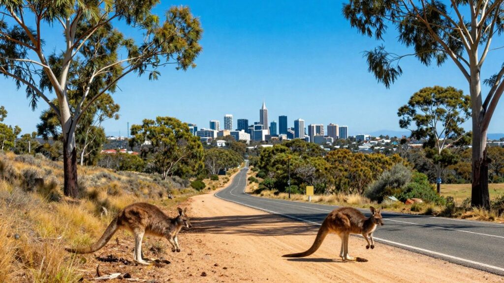 Iconic Australian landmarks and wildlife under a sunny sky.