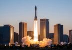 Australian startup rocket launching into sunrise sky