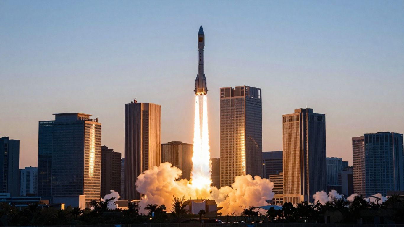 Australian startup rocket launching into sunrise sky