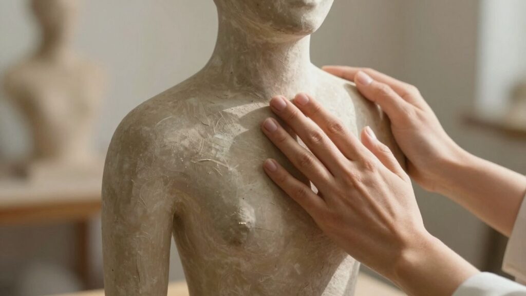 Hands touching abstract sculpture with soft light.