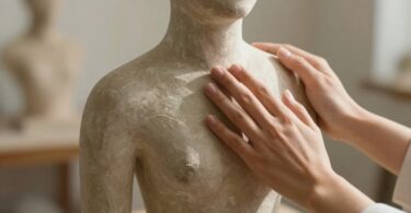 Hands touching abstract sculpture with soft light.