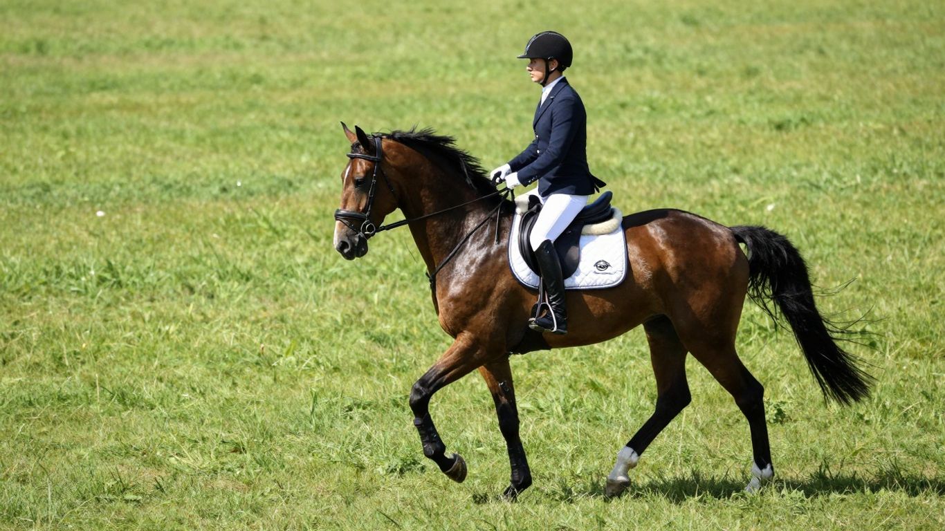 Horse and rider in a green field at Tandivale Equestrian Centre.