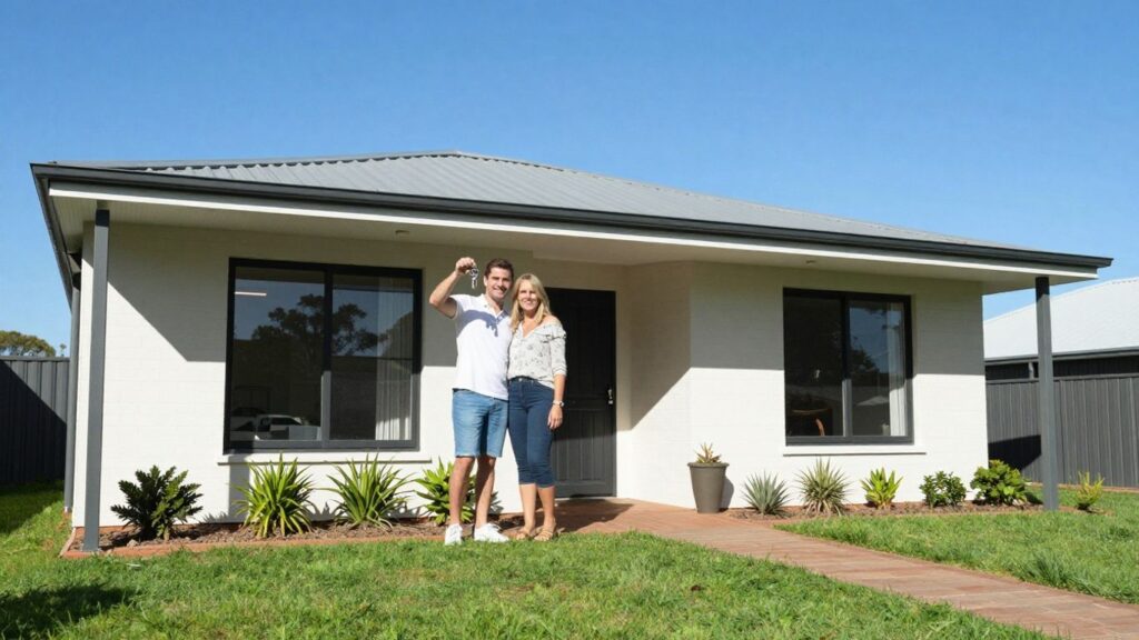 Couple holding keys outside a new South Australian home.
