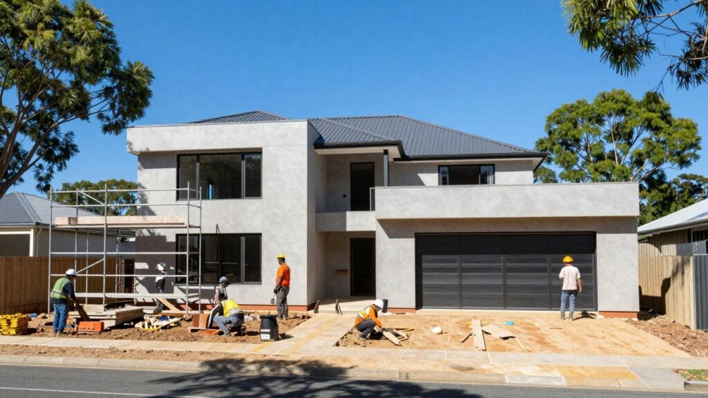 Queensland house construction scene with workers and scaffolding