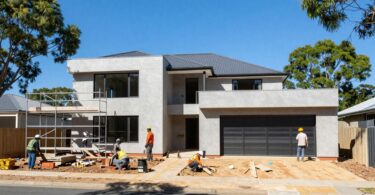 Queensland house construction scene with workers and scaffolding