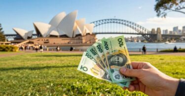 Australian dollars flying in front of Sydney Opera House.
