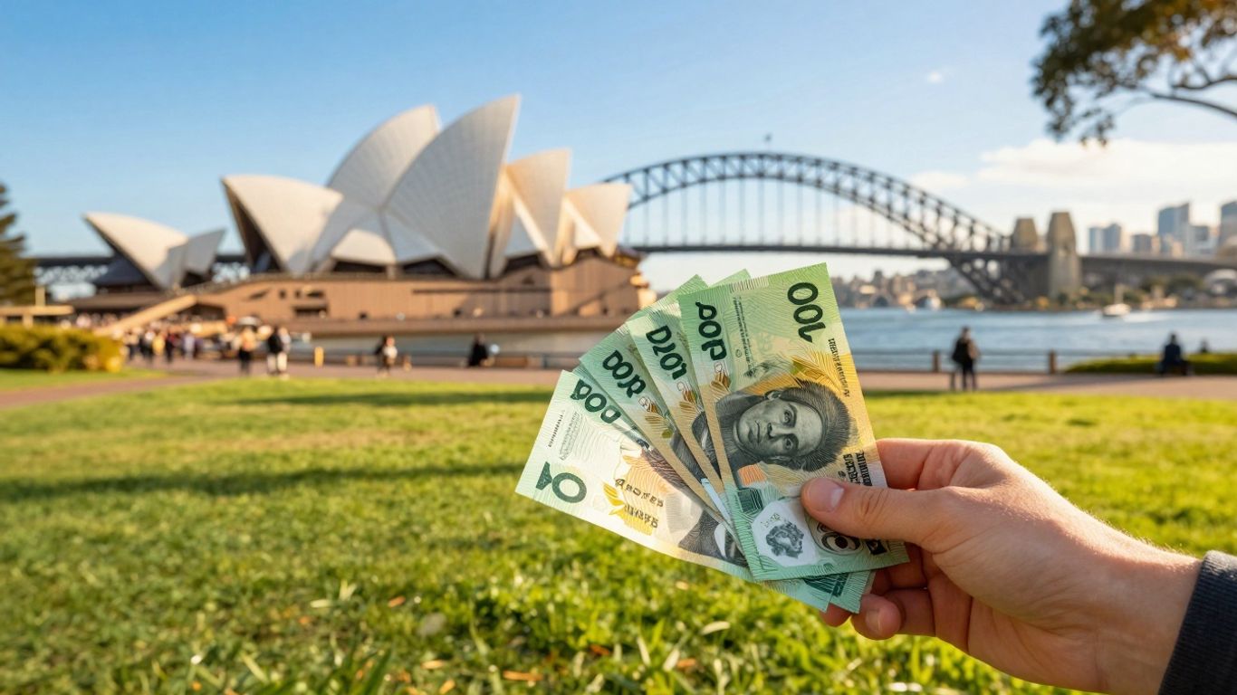 Australian dollars flying in front of Sydney Opera House.