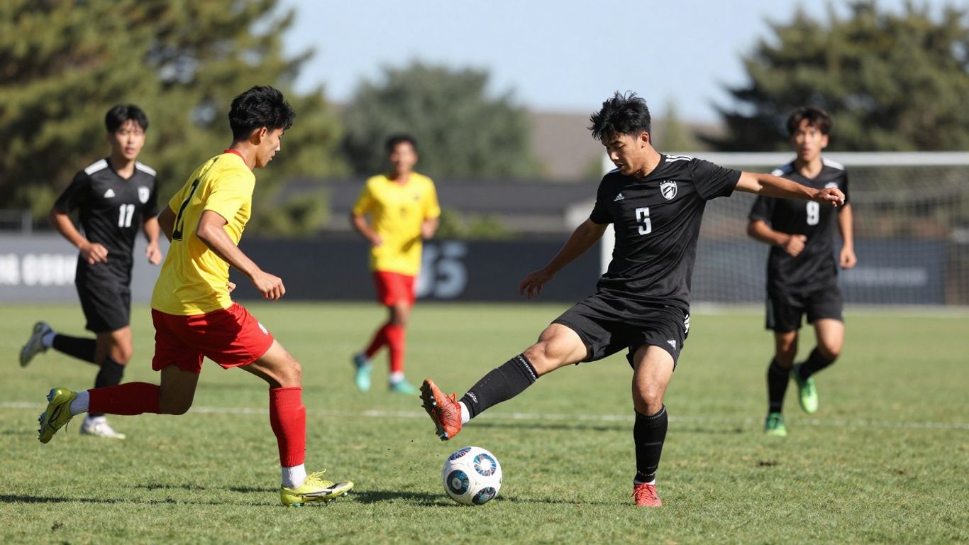 Soccer players in action on a green field.