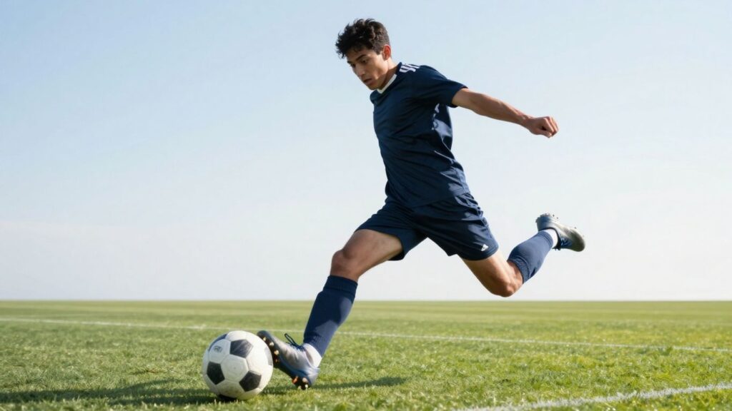 Soccer player kicking ball on green field.