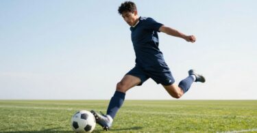 Soccer player kicking ball on green field.
