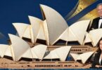 Australian landmarks and golden elements with diverse individuals.