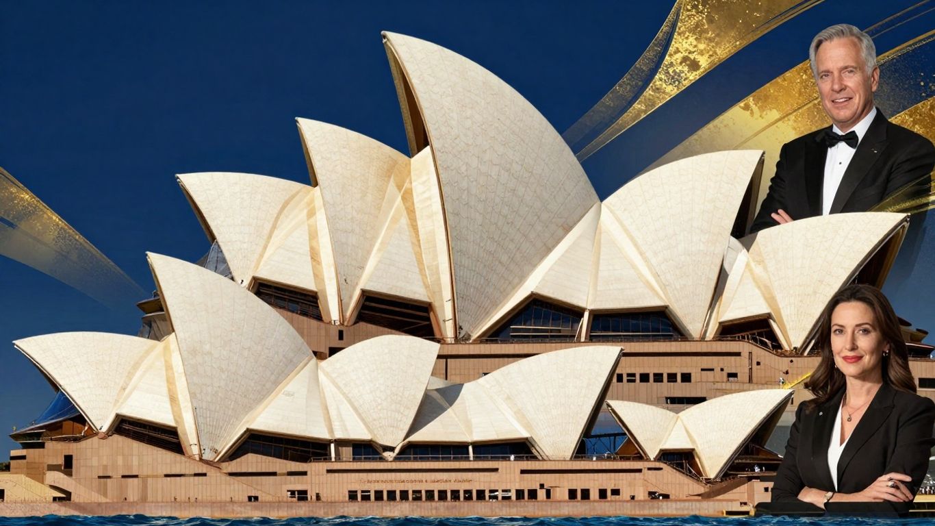 Australian landmarks and golden elements with diverse individuals.