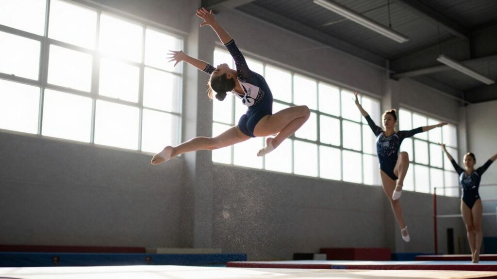 Athletes performing acrobatic and gymnastic moves in a training facility.