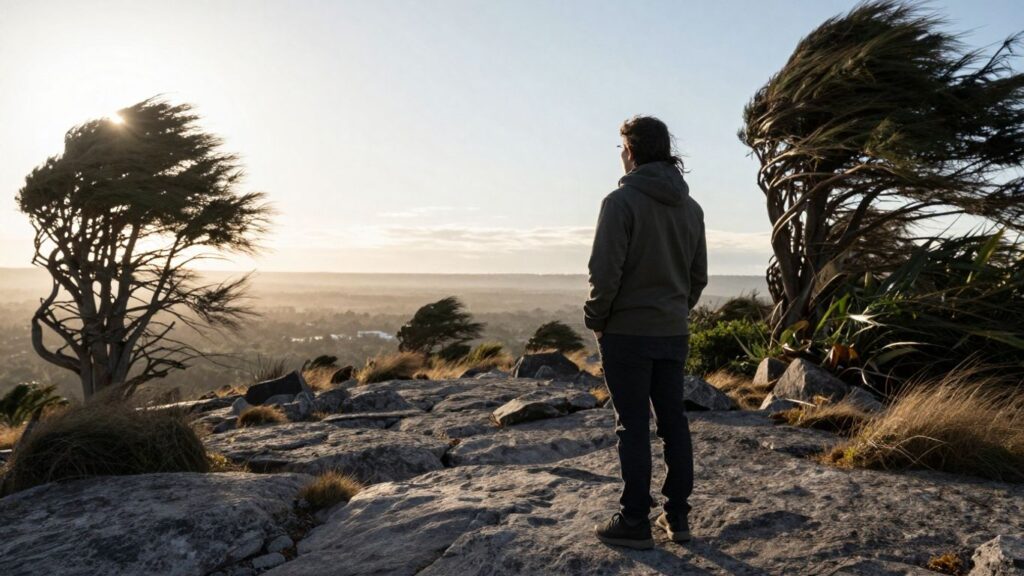 Person on rocky path facing sunlit horizon.