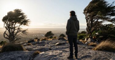 Person on rocky path facing sunlit horizon.