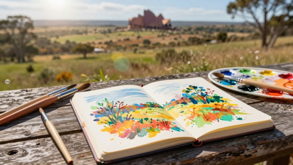 Australian art supplies against a scenic backdrop.