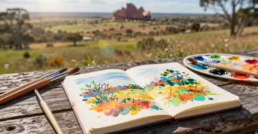 Australian art supplies against a scenic backdrop.