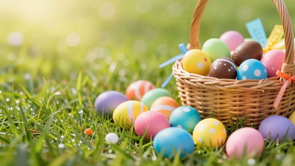 Easter eggs and chocolate treats on green grass.