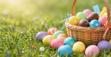 Easter eggs and chocolate treats on green grass.