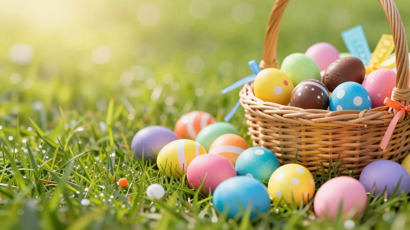 Easter eggs and chocolate treats on green grass.