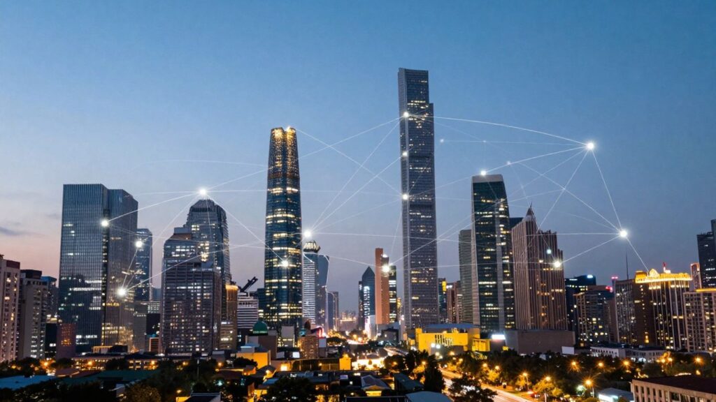 Modern cityscape with glowing connections