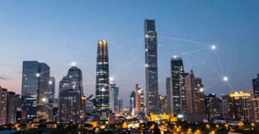 Modern cityscape with glowing connections