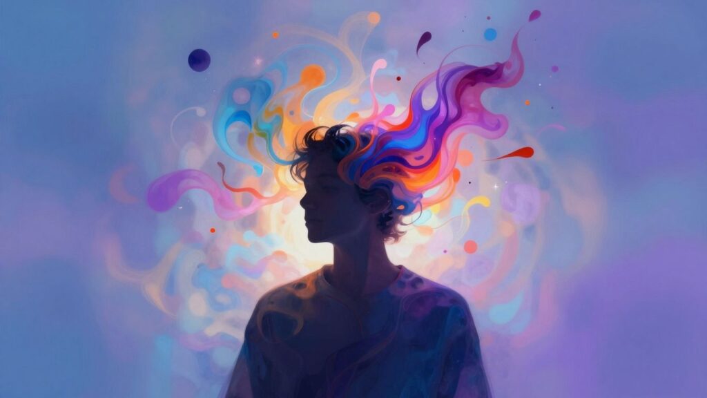 Artistic colours exploding from a person's head.