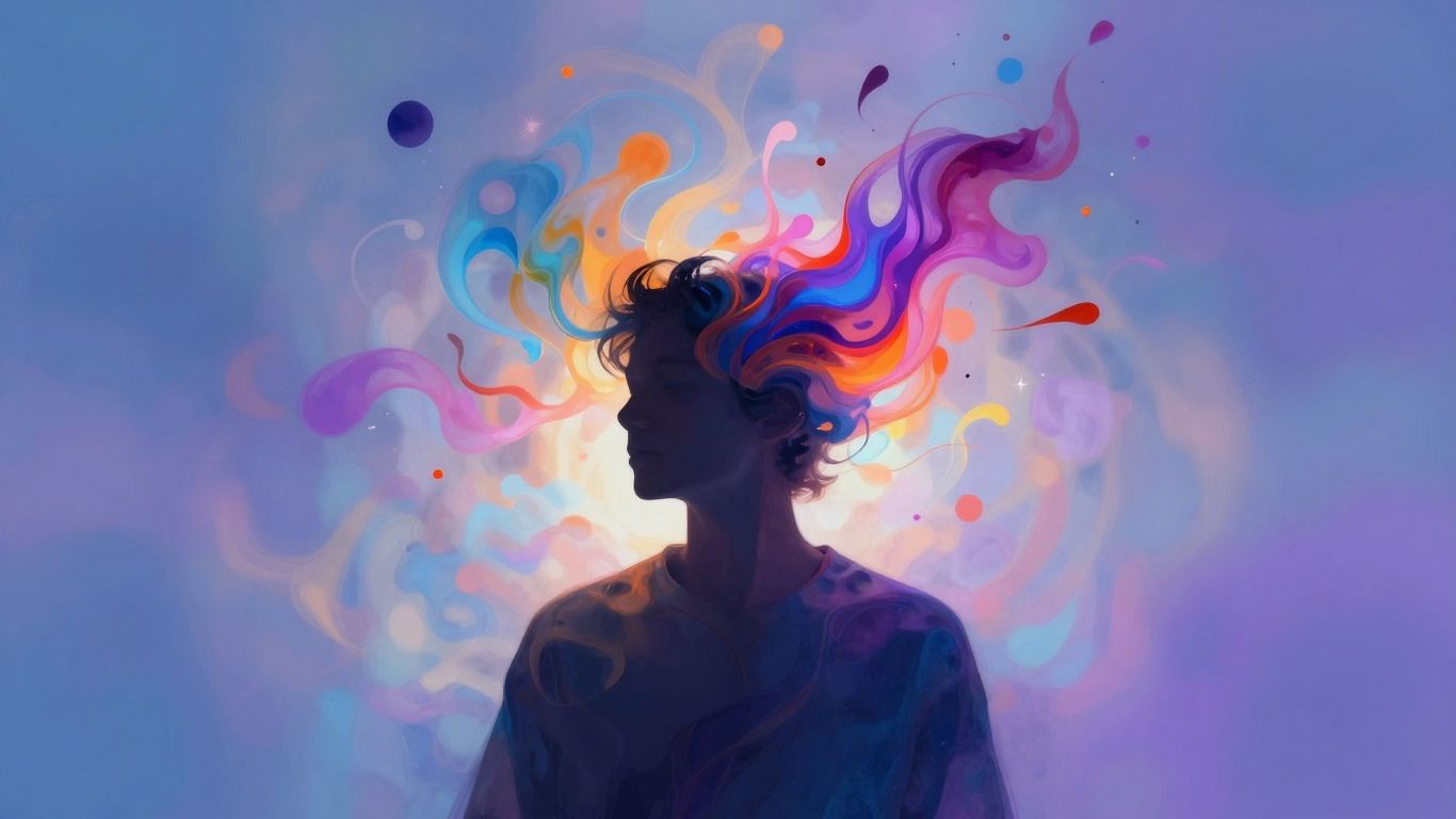 Artistic colours exploding from a person's head.