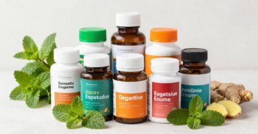 Digestive enzyme bottles with fresh herbs in Australia.