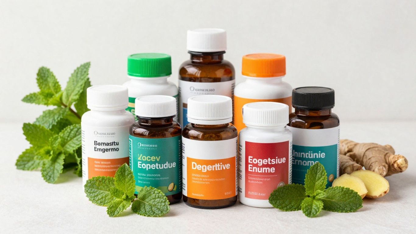 Digestive enzyme bottles with fresh herbs in Australia.