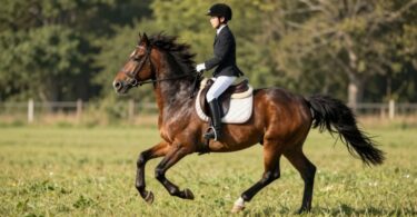 Young rider on pony in grassy field