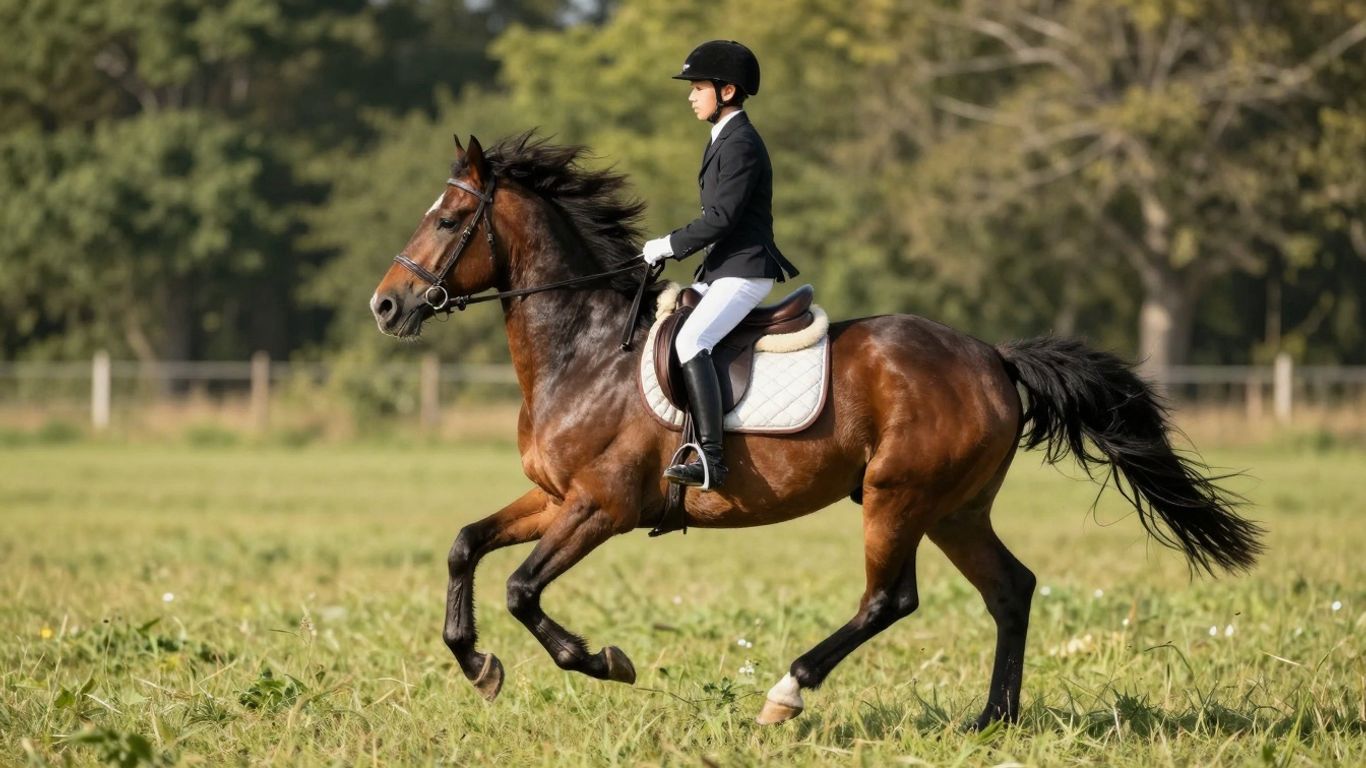 Young rider on pony in grassy field