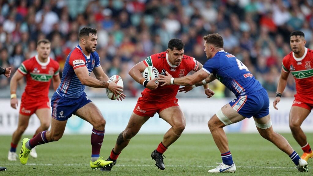 Rugby league players in action on the field.