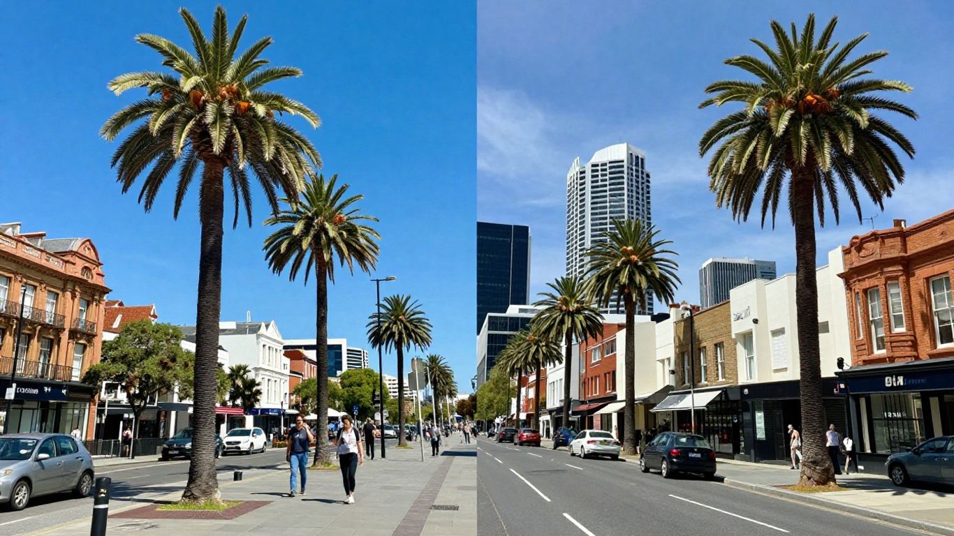 Perth skyline versus London street scene comparison.
