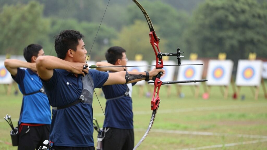 Archers aiming bows at distant targets in a natural setting.