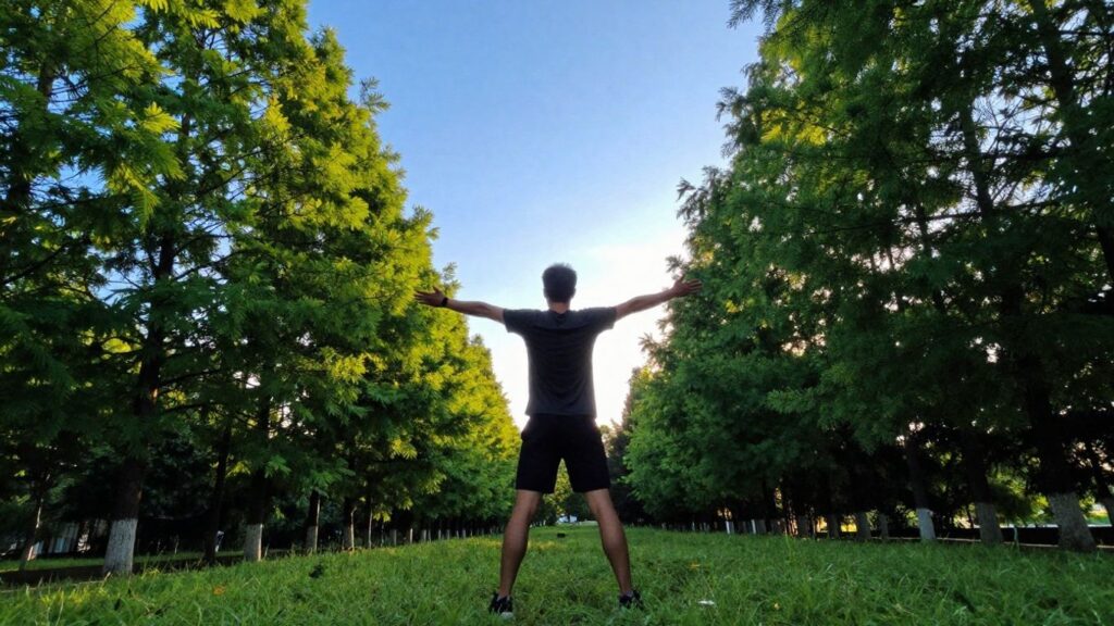 Person stretching outdoors at sunrise, embracing wellness.