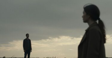 Contrast between male and female figures against different skies.